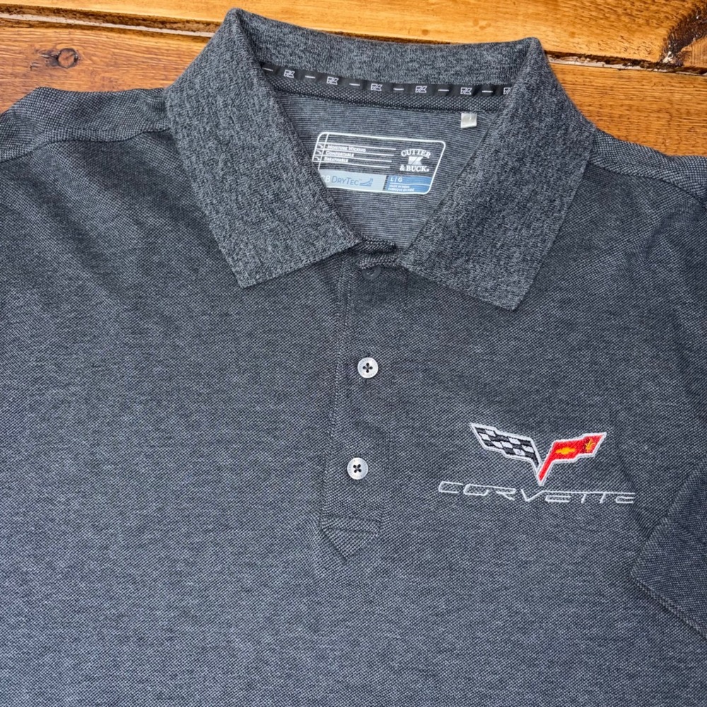 Official Corvette Polo Shirt Mens Large Gray Cutter & Buck CB DryTec SS Golf